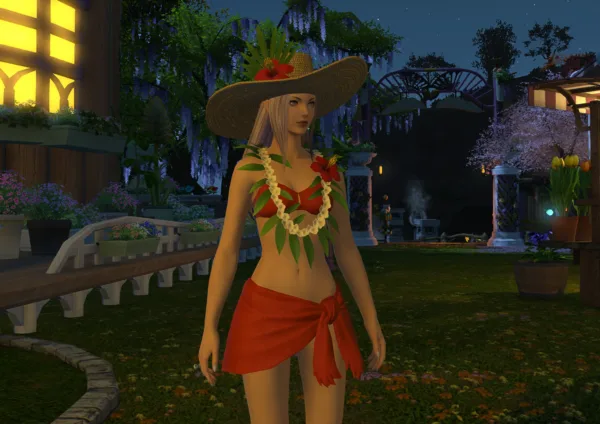 Glamour no FFXIV utilizando o Oschon Roselle Capeline, Coronal Summer Halter e Red Summer Pareo